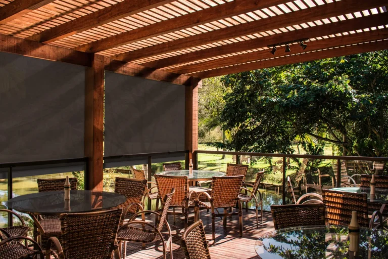 Dining outdoors and automated window shades are essential for restaurant patrons